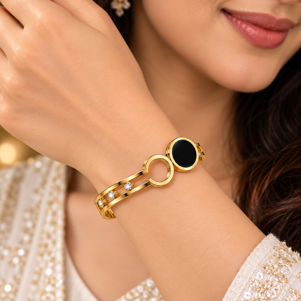 Golden Black Disc & Circle Crystal Bracelet